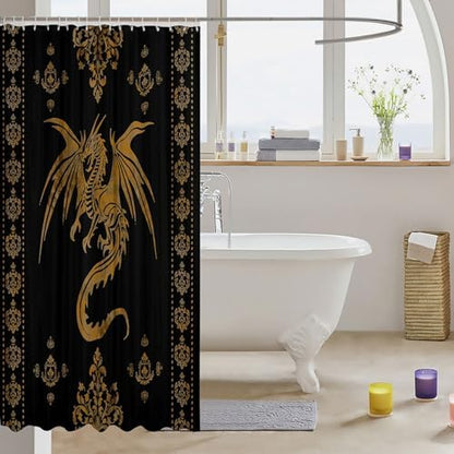 Feelyou Dragon Shower Curtain Kids Boys Teens Gothic Damask Paisley Floral Bathroom Waterproof Accessories with 12 Hooks 72x72 Inches Women Bohemian Exotic Animal Theme Room Decor,Gold Black