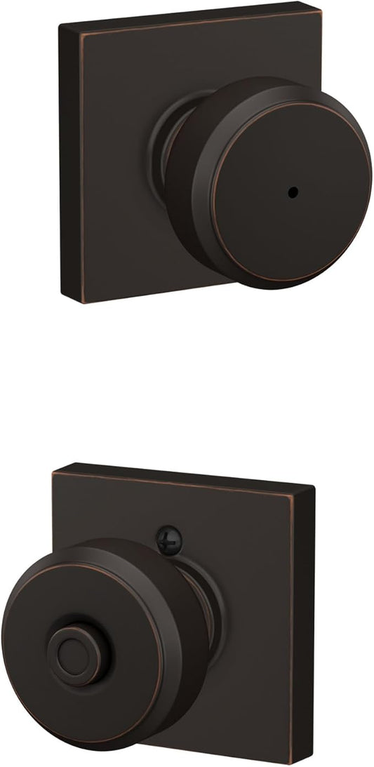 Schlage F40 BWE 716 COL Bowery Knob with Collins Trim Bed & Bath Privacy Door Lock, Aged Bronze