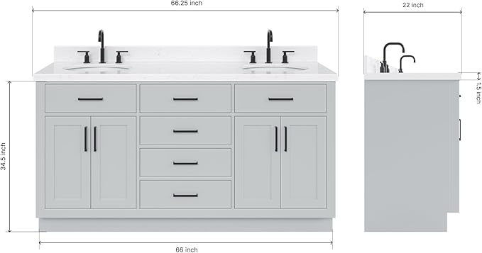 ARIEL Hepburn 66-inch Bathroom Vanity with Sink,Solid Wood, 1.5-inch Carrara White Quartz Countertop & Backsplash, Double Oval Porcelain Sink, 4 Soft Closing Doors, 6 Dovetail Drawers, Grey