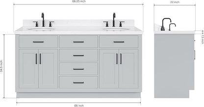 ARIEL Hepburn 66-inch Bathroom Vanity with Sink,Solid Wood, 1.5-inch Carrara White Quartz Countertop & Backsplash, Double Oval Porcelain Sink, 4 Soft Closing Doors, 6 Dovetail Drawers, Grey
