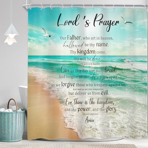 Ocean Bible Verse Coastal Beach Inspirational Bathroom Shower Curtain Set