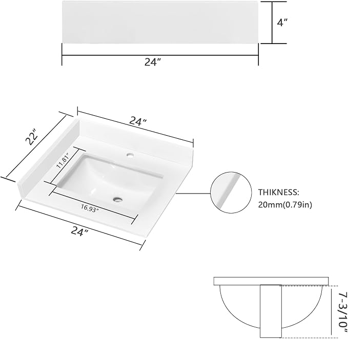 24" x 22" Vanity Top, Quartz Vanity Sink Top in Pure White, with One Sidesplash & One Backsplash, with Undermounted Rectangular Sink,Single Faucet Hole for Vanity Top with Sink