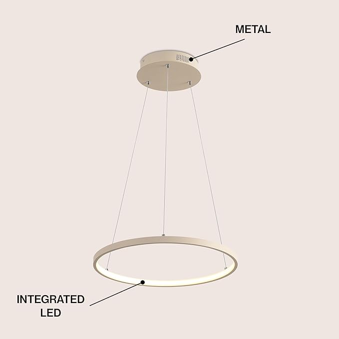 JONATHAN Y 15.75" Beige Modern Integrated LED Pendant Light, Dimmable Round Hoop Chandelier for Kitchen Island, Dining Room, Adjustable Height Metal Hanging Light (JYL7202H)
