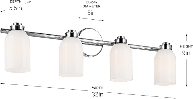 Kichler Shae 32.25" 4-Light Vanity Light with White Opal Glass in Chrome, for Bathroom Vanity, Powder Room. Over a Mirror, (32.25" W x 9" H), 55203CH