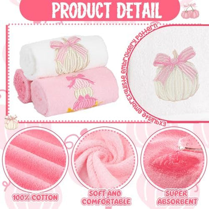 FuWeave 3 Pcs Pink Fall Pumpkin Bowknot Hand Towels for Bathroom