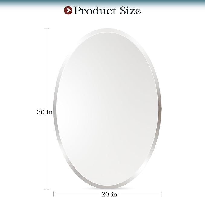 Frameless Oval Mirror, 20x30 Inch Beveled Bathroom Mirrors for Over Sink, Tempered Glass Oval Mirrors for Vanity, Living Room, Bedroom, Entryway