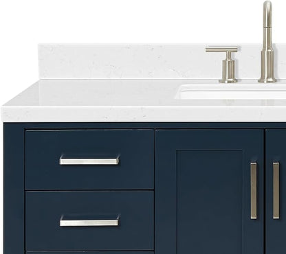 Olivia 48" Midnight Blue Bathroom Vanity with Sink, 1.5" Carrara Quartz Countertop, Rectangular Undermount Sink, 2 Soft-Closing Doors, 6 Full Extension Dovetail Drawers