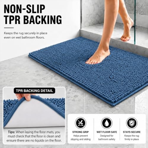 Bathroom Rugs Sets 2 Piece,Super Absorbent Soft,Thick,Machine Washable Chenille Bath Mat,Non Slip Toilet Floor Rug,Bath Mats for Bathroom,20x32 Plus 20x20 U Shape,Denim Blue