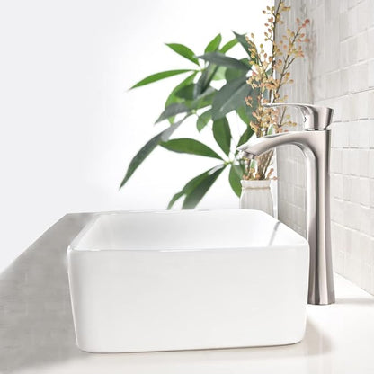 16 Inch White Vessel Sink,16x12 Bathroom Sink Rectangular Above Counter White Vessel Vanity Sink Porcelain Ceramic Countertop Bathroom Vessel Sink Art Basin with Faucet and Drain Combo