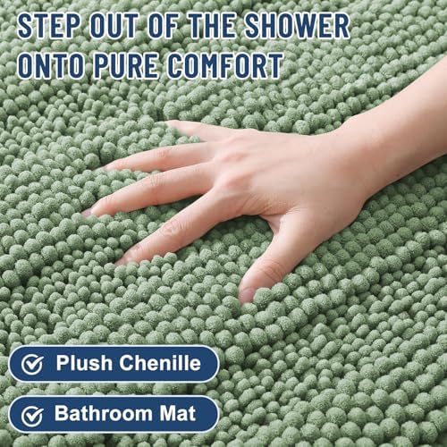 Grandaily Chenille Striped Bathroom Rugs 47x20, Extra Thick and Soft Absorbent Bath Mats, Rubber Backing, Plush Shaggy Shower Carpet, Machine Wash Dry, Bath Rug for Bathroom, Grayish Green