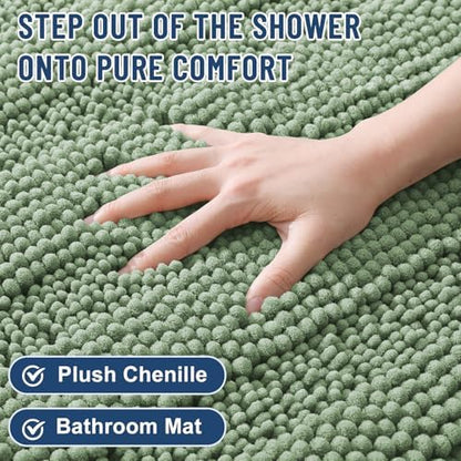 Grandaily Chenille Striped Bathroom Rugs 47x20, Extra Thick and Soft Absorbent Bath Mats, Rubber Backing, Plush Shaggy Shower Carpet, Machine Wash Dry, Bath Rug for Bathroom, Grayish Green