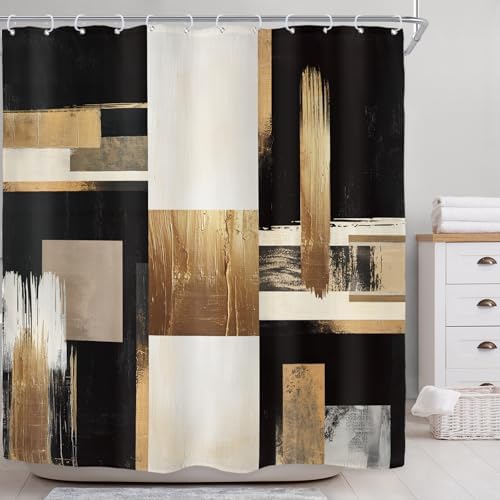 Riyidecor Black Gold Abstract Shower Curtain for Bathroom Decor 72Wx72H Oil Painting Boho Beige Artistic Aesthetic Modern Geometric Art Printed Fabric Polyester Waterproof 12 Pack Plastic Hooks