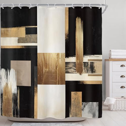 Riyidecor Black Gold Abstract Shower Curtain for Bathroom Decor 72Wx72H Oil Painting Boho Beige Artistic Aesthetic Modern Geometric Art Printed Fabric Polyester Waterproof 12 Pack Plastic Hooks