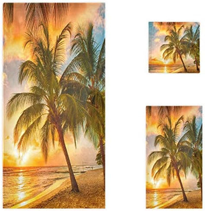 Naanle Beautiful Beach Sunset Palm Trees Soft Luxury Decorative Set of 3 Towels, 1 Bath Towel+1 Hand Towel+1 Washcloth, Multipurpose for Bathroom, Hotel, Gym, Spa and Beach