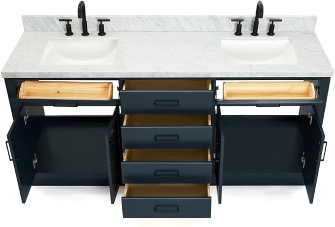 ARIEL Hepburn 72-inch Bathroom Vanity with Sink,Solid Wood, 1.5-inch Italian Carrara Marble Countertop, Double Rectangular Porcelain Sink, 4 Soft Closing Doors, 6 Dovetail Drawers, Midnight Blue