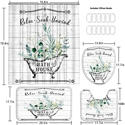 Nkzply 4 Pcs Farmhouse Shower Curtain Rustic Bathroom Sets with Shower Curtain and Rugs Floral Shower Curtain Set Green Leaves Bathroom Decor Vintage Bathroom Rugs Set Toilet Lid Cover Hooks