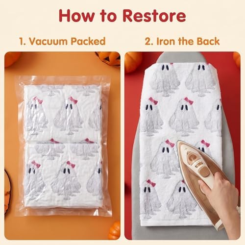 2 Pack Halloween Hand Towels 100% Cotton Jacquard Bow Ghost Halloween Kitchen Towels White Bathroom Towels Set Seasonal Bathroom Decor(Bow Ghost)