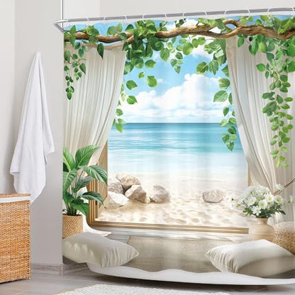 Ocean Blue Sea Coastal Beach Beachy Summer Bathroom Shower Curtain Set