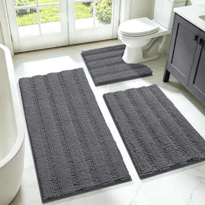 ACCUMTEK Striped Grey Bathroom Rug Set 3 Pieces Gray Ultra Soft, Non Slip Chenille Toilet Mat, Absorbent Plush Shaggy Bath Mats for Bathroom, Bedroom, Kitchen, Charcoal