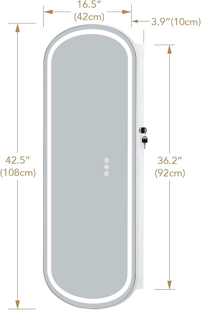LED Jewelry Cabinet Wall/Door Mounted,RGB Lighted Mirror Jewelry Armoire Organizer Over the Door Full-Length Lockable Rounded Wide Mirror with Storage Interior Mirror Gift for Her Chrismas White