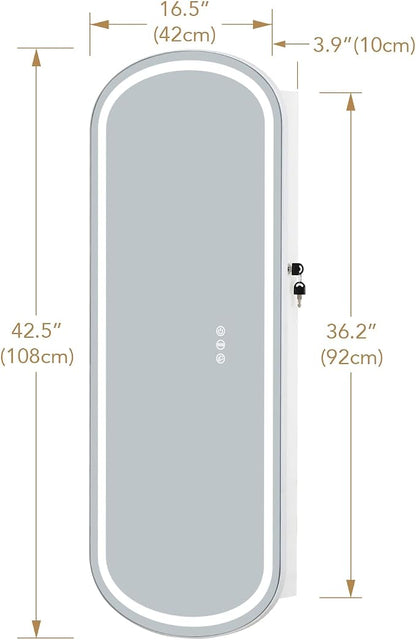 LED Jewelry Cabinet Wall/Door Mounted,RGB Lighted Mirror Jewelry Armoire Organizer Over the Door Full-Length Lockable Rounded Wide Mirror with Storage Interior Mirror Gift for Her Chrismas White
