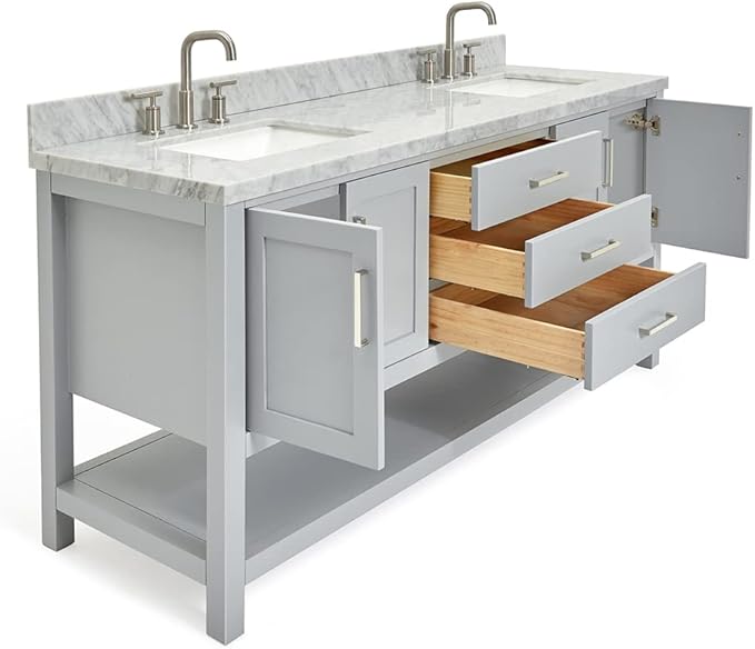 DKB Olivia 72-Inch Grey Double Bathroom Vanity, 1.5-Inch Edge Italian Carrara Marble Countertop & Backsplash, Rectangular Sinks, 4 Soft Closing Doors, 3 Dovetail Drawers, Open Shelf, Brushed Nickel