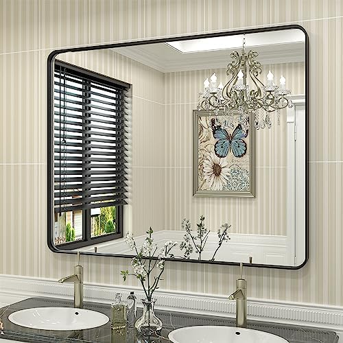 40x32 Black Bathroom Mirror, Matte Framed Bathroom Vanity Mirror for Wall, Modern Rectangle Mirror, Rounded Corners, Tempered Glass (Horizontally/Vertically)