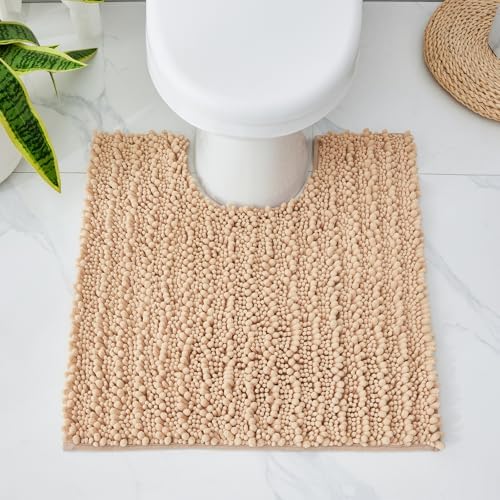 Disolla Toilet Rug 24x24 Inch - Beige U-Shaped Bathroom Floor Mat, Soft Shaggy Plush Absorbent Chenille Contour Rug, Non-Slip Washable Pedestal Base Rug