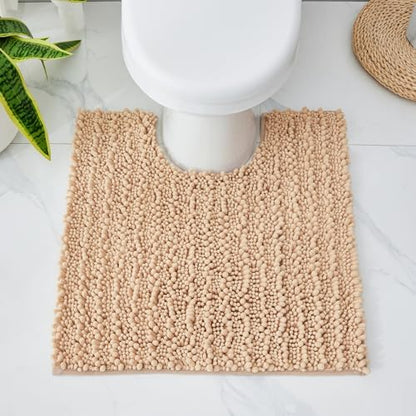 Disolla Toilet Rug 24x24 Inch - Beige U-Shaped Bathroom Floor Mat, Soft Shaggy Plush Absorbent Chenille Contour Rug, Non-Slip Washable Pedestal Base Rug