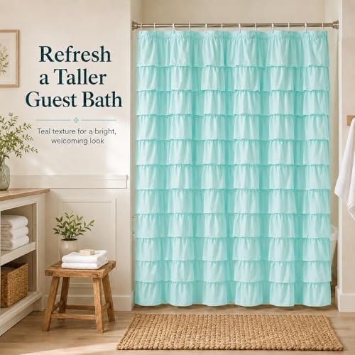 Teal Ruffle Shower Curtain for Bathroom, 72x84 Inch, 1 Panel