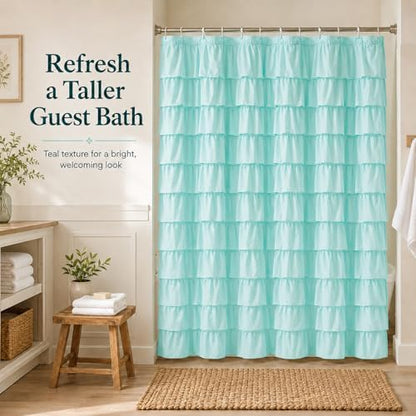 Teal Ruffle Shower Curtain for Bathroom, 72x84 Inch, 1 Panel