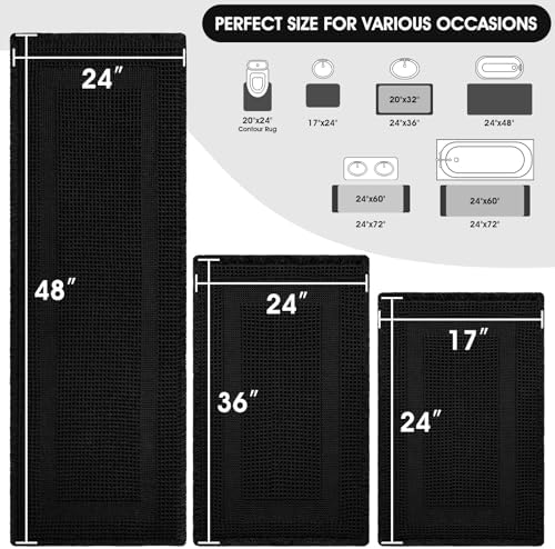 Upgraded Waffle Bath Mat Set 3 Piece Black-Looped, Super Absorbent Non-Slip Quick Dry Bathroom Rugs with Tassels, Machine Washable Ultra Soft Boho Bath Rugs for Floor, Toilet Mats Boho Farmhouse Decor