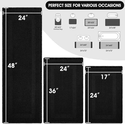 Upgraded Waffle Bath Mat Set 3 Piece Black-Looped, Super Absorbent Non-Slip Quick Dry Bathroom Rugs with Tassels, Machine Washable Ultra Soft Boho Bath Rugs for Floor, Toilet Mats Boho Farmhouse Decor