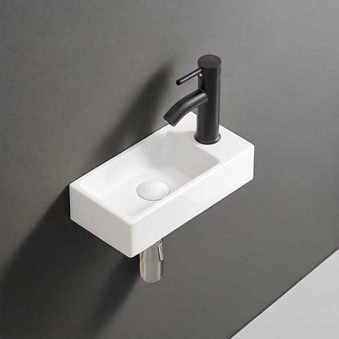 14"x7" Small Bathroom Sink Wall Mount Bathroom Sink Rectangle Ceramic Wash Basin floating Mini Vessel Sink for Bathrooms, Right Hand