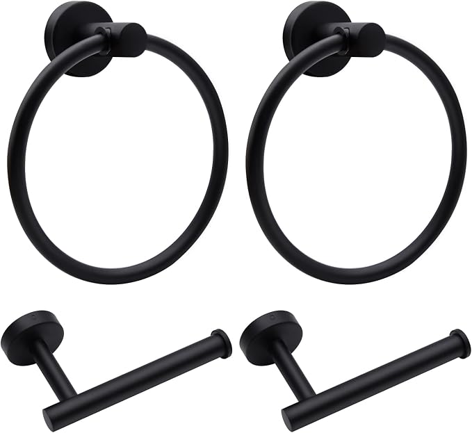 4pcs Matte Black Toilet Paper Holder and Towel Ring Set, Stainless Steel