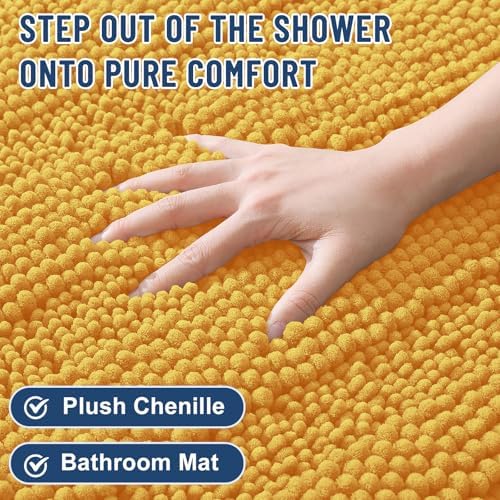 Grandaily Chenille Striped Bathroom Rugs 24x16, Extra Thick and Soft Absorbent Bath Mats, Rubber Backing, Plush Shaggy Shower Carpet, Machine Wash Dry, Bath Rug for Bathroom, Golden Yellow
