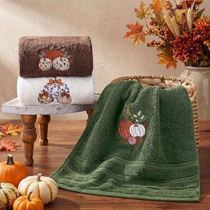 FuWeave 3 Pcs Green Brown Fall Pumpkin Hand Towels for Bathroom