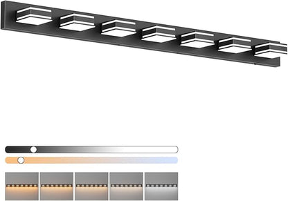Ralbay 55inch Black Vanity Light 5 Color Temperatures (3000K-6000K) Dimmable Metal Acrylic LED Modern Matte Black Bathroom Wall Lighting for Mirror (7-Light)