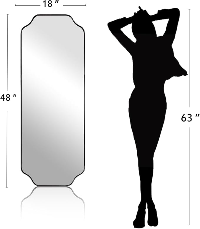 18" x 48" Full Length Mirror, Large Black Scalloped Bathroom Mirror, Full Body Wall Mirror with Scalloped Corner Decorative for Bedroom, Living Room (Horizontal or Vertical)