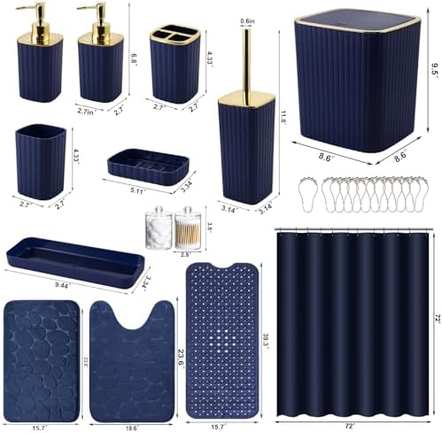 XLHOMO 26PC Bathroom Accessories Set - Gorgeous Blue Bathroom Set, Bathroom Accessory Set, Navy Blue Shower Curtain Set with Bathtub Mats for Shower Tub
