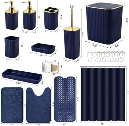 XLHOMO 26PC Bathroom Accessories Set - Gorgeous Blue Bathroom Set, Bathroom Accessory Set, Navy Blue Shower Curtain Set with Bathtub Mats for Shower Tub