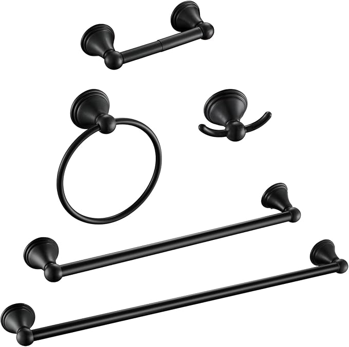 Sagetta Bathroom Hardware Set, 5-Piece Bath Accessories Set Matte Black Wall Mount Includes 24 in Towel Bar, 16 in Towel Bar, Towel Ring, TP Holder