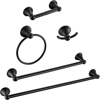 Sagetta Bathroom Hardware Set, 5-Piece Bath Accessories Set Matte Black Wall Mount Includes 24 in Towel Bar, 16 in Towel Bar, Towel Ring, TP Holder