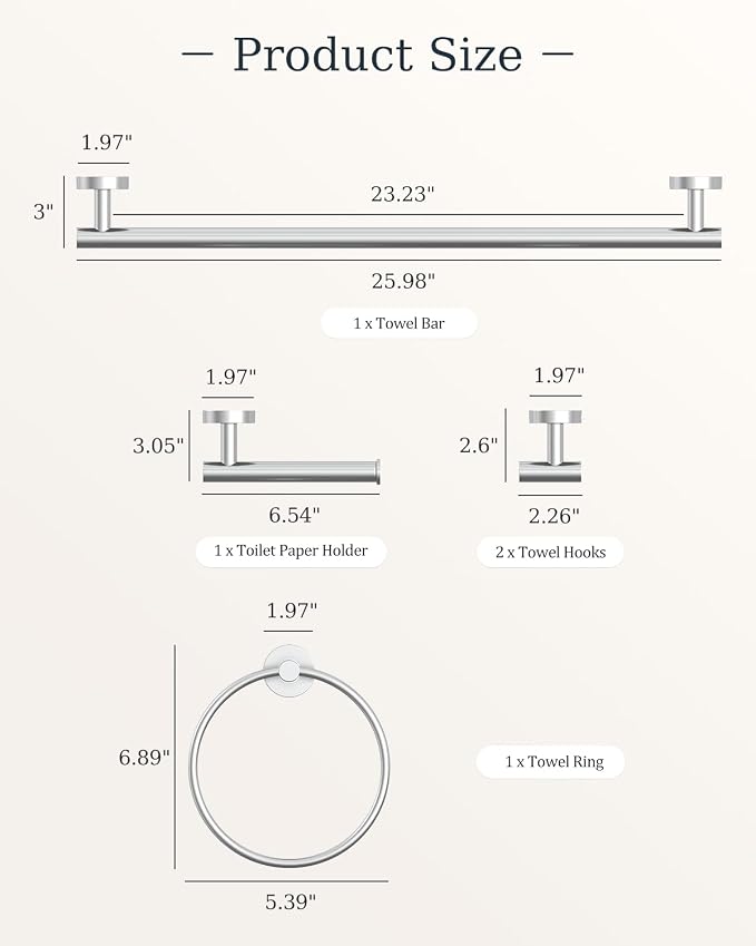 Chrome Bathroom Accessories Set SUS304 Stainless Steel 5 Pieces | Evolvegoods Bathroom Hardware Set, 26 Inch Bath Towel Bar Set, 2 Towel Hooks, Toilet Paper Holder, Towel Racks for Bathroom