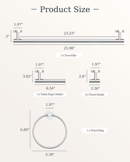 Chrome Bathroom Accessories Set SUS304 Stainless Steel 5 Pieces | Evolvegoods Bathroom Hardware Set, 26 Inch Bath Towel Bar Set, 2 Towel Hooks, Toilet Paper Holder, Towel Racks for Bathroom