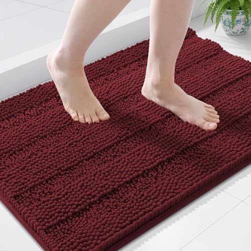 Grandaily Chenille Striped Bathroom Rugs 44x24, Extra Thick and Soft Absorbent Bath Mats, Rubber Backing, Plush Shaggy Shower Carpet, Machine Wash Dry, Bath Rug for Bathroom, Reddish Brown