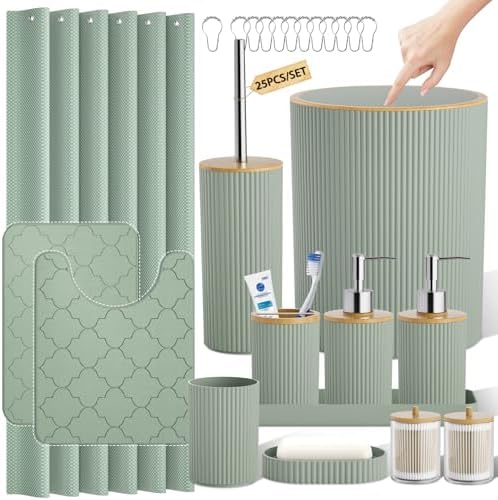 Sage Green Bathroom Accessories Set Complete with Shower Curtain and Rugs