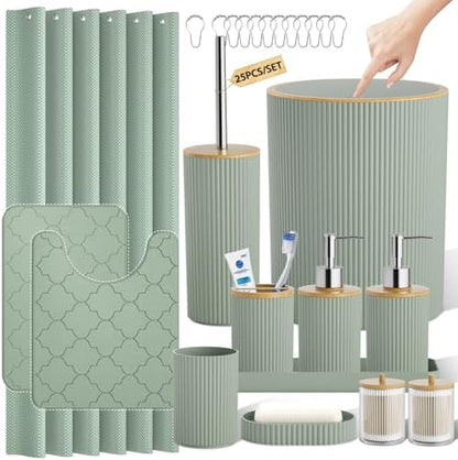 Sage Green Bathroom Accessories Set Complete with Shower Curtain and Rugs