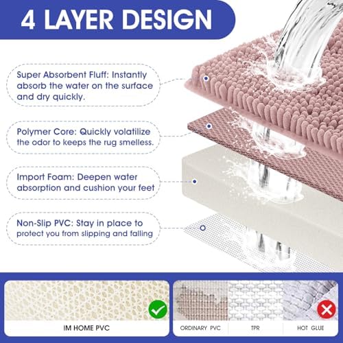 ACCUMTEK Striped Dusty Pink Bathroom Rug Mat Set 2 piece 32"x20"+60"x20" Ultra Soft, Non Slip Chenille Bath Rugs, Absorbent Plush Shaggy Bath Mats for Bathroom, Bedroom, Kitchen, Shower, Tub