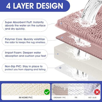 ACCUMTEK Striped Dusty Pink Bathroom Rug Mat Set 2 piece 32"x20"+60"x20" Ultra Soft, Non Slip Chenille Bath Rugs, Absorbent Plush Shaggy Bath Mats for Bathroom, Bedroom, Kitchen, Shower, Tub